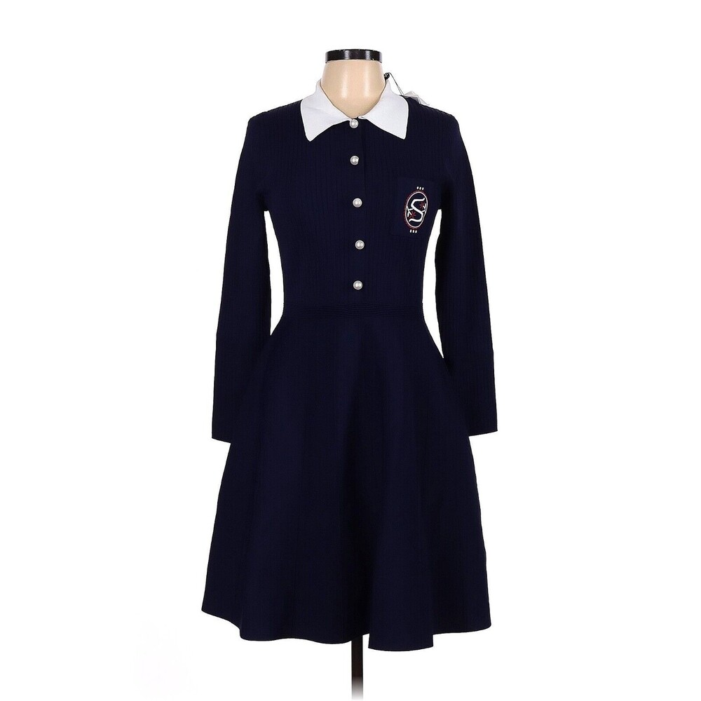 SANDRO Navy White Polo Collar Knitted A Line Fit & Flare Dress - FR 42 / US 10